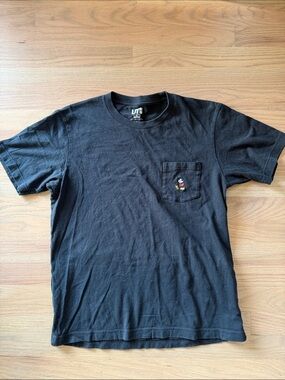 Uniqlo Black Short Sleeve Pocket Tee with Small Mickey Embroidery